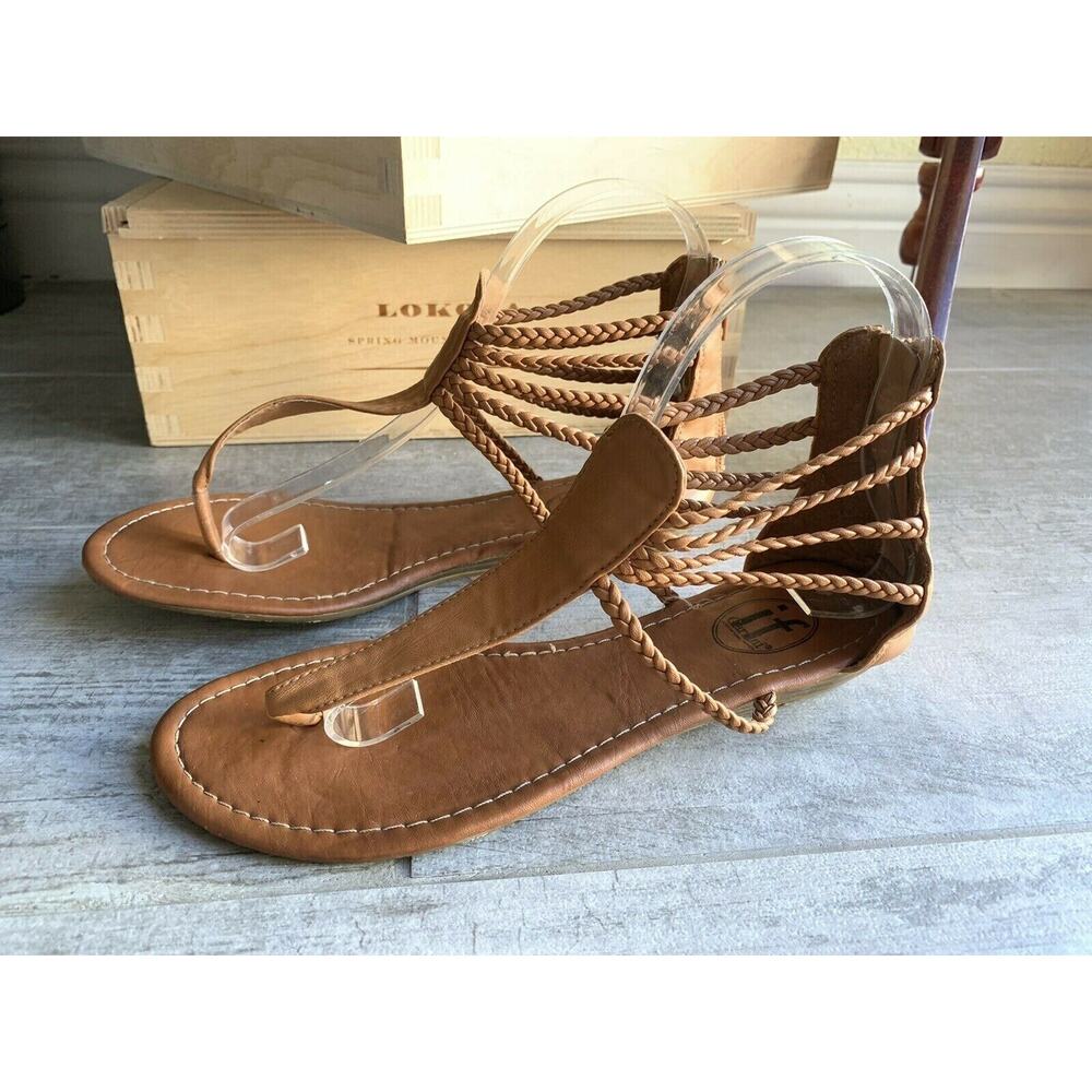 IF CARRINI Brown tan Camel Faux Leather Flat T-Strap Thong Sandals Boho 7.5